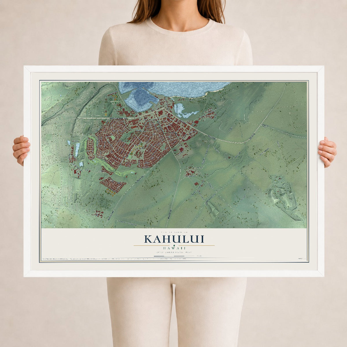 Map of Kahului, Hawaii, 24 x 36 inch print in a white wood frame