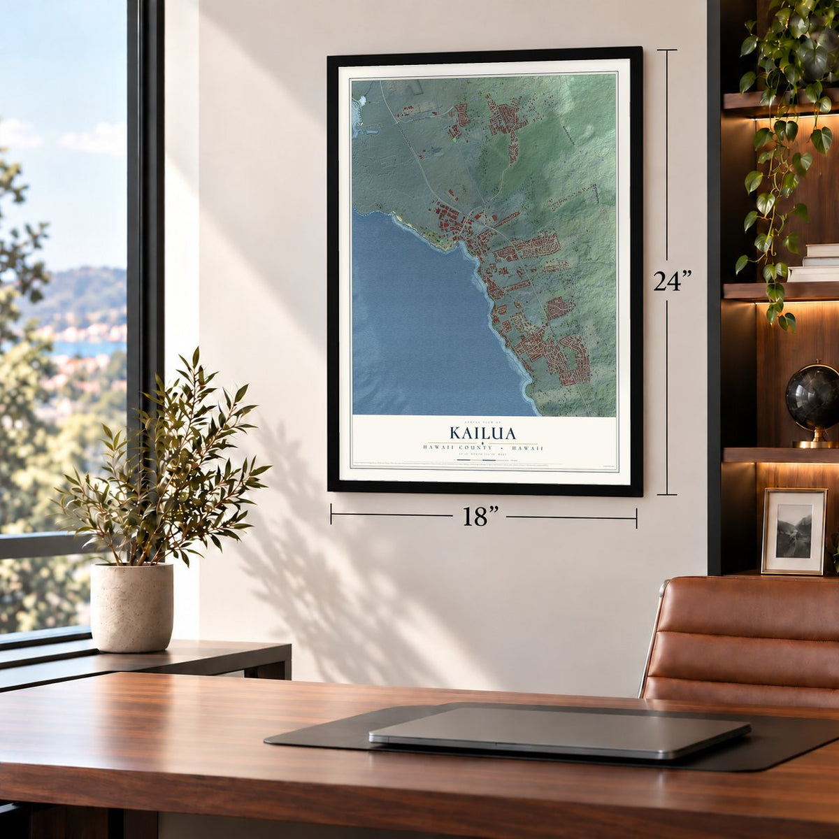 Kailua, Hawaii County, Hawaii map, 18 x 24 inch print in a black frame in a home office