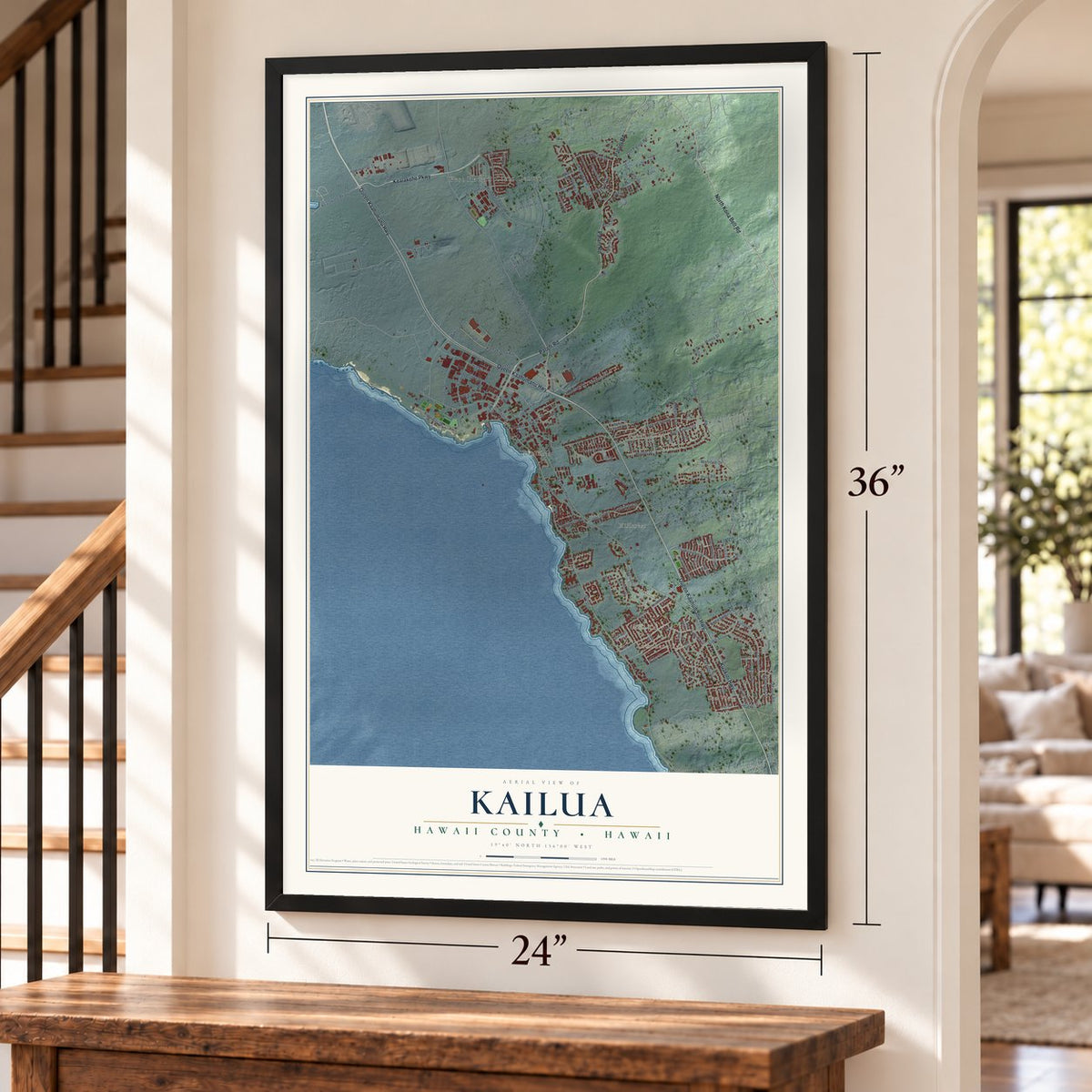 Kailua, Hawaii County, Hawaii map, 24 x 36 inch print in a black frame by a staircase