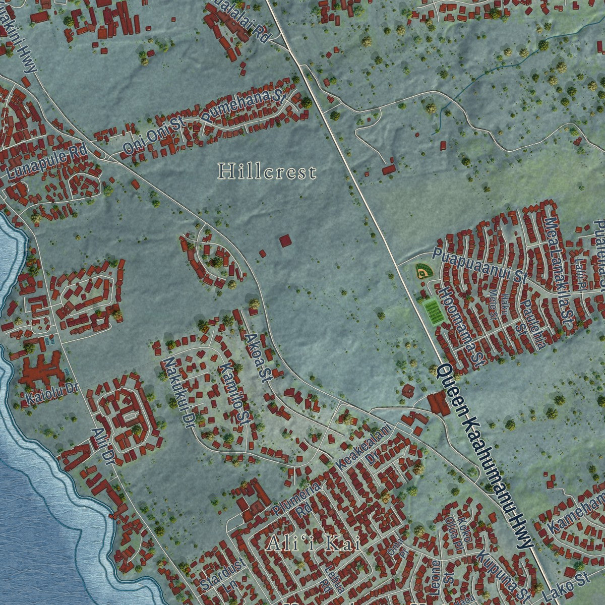 Close-up of the map of Kailua, Hawaii County, Hawaii print showing street and building detail