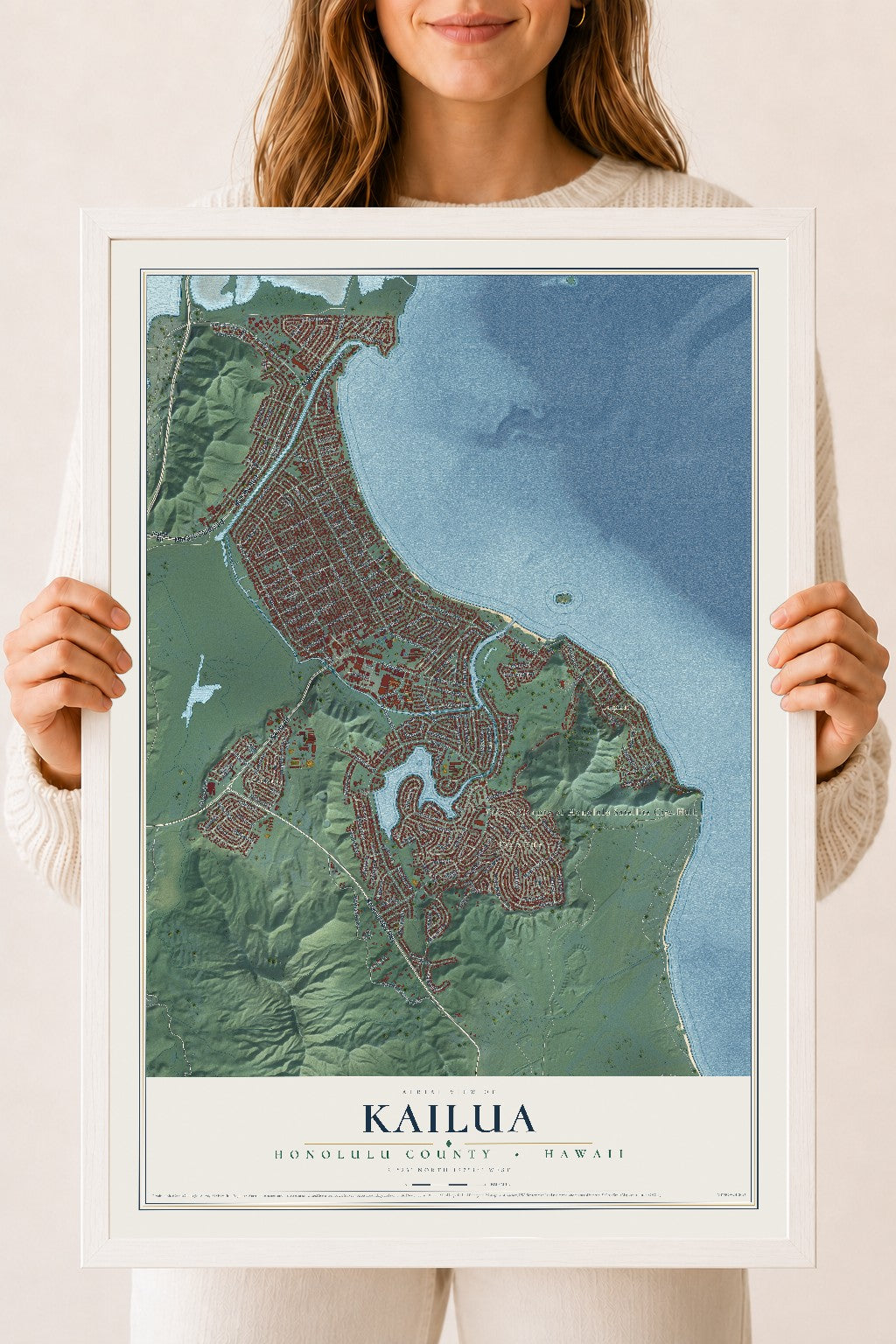 Map of Kailua, Hawaii, 18 x 24 inch print in a white wood frame