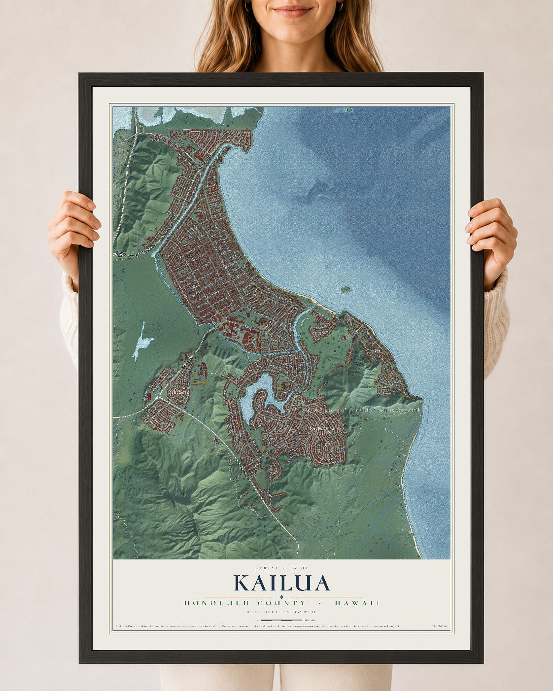 Map of Kailua, Hawaii, 24 x 36 inch print in a black wood frame