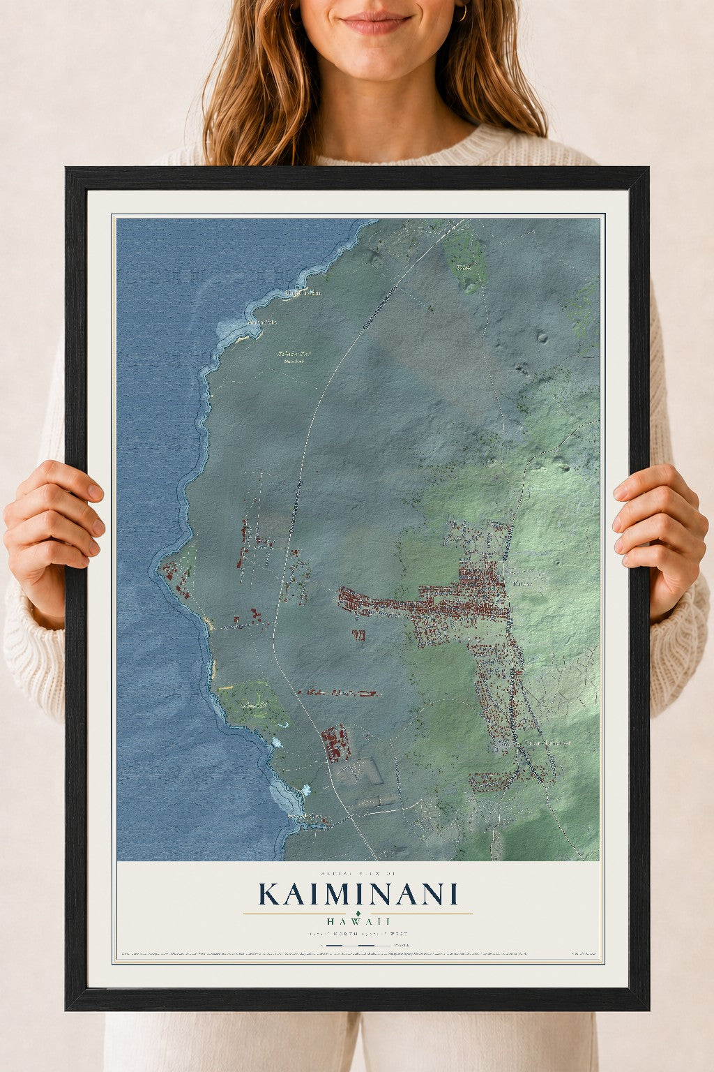 Map of Kaiminani, Hawaii, 18 x 24 inch print in a black wood frame