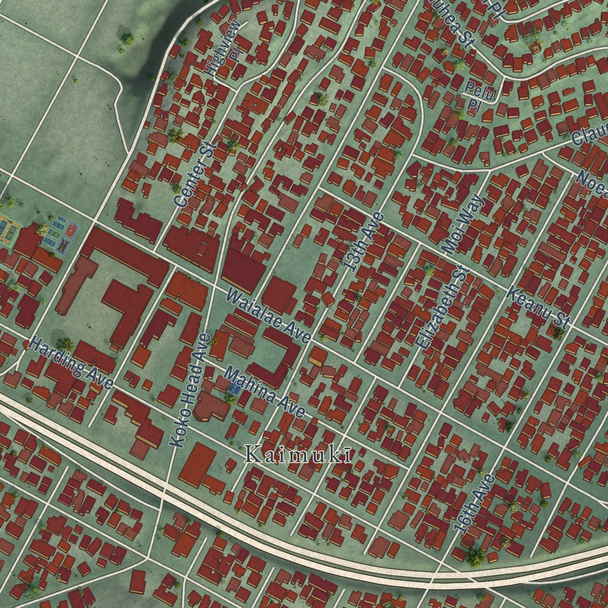 Close-up of the map of Kaimuki, Hawaii print showing street and building detail