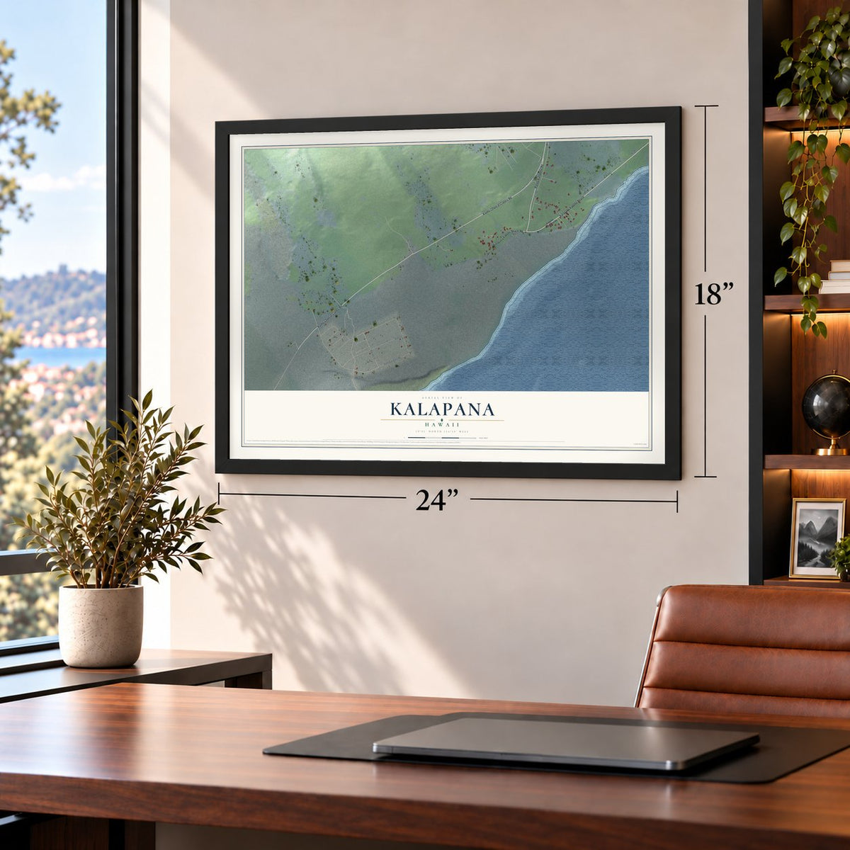 Kalapana, Hawaii map, 18 x 24 inch print in a black frame in a home office