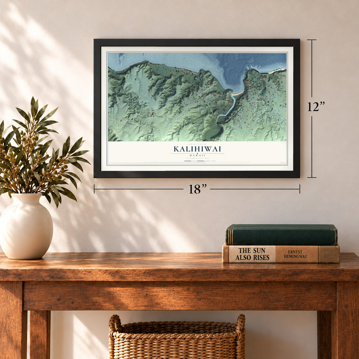 Kalihiwai, Hawaii map, 12 x 18 inch print in a black frame in an entryway