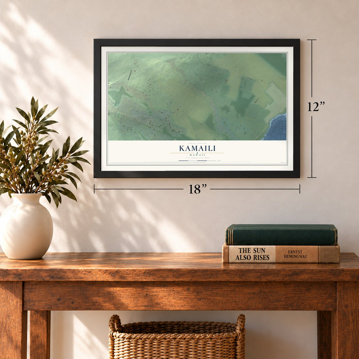 Kamaili, Hawaii map, 12 x 18 inch print in a black frame in an entryway