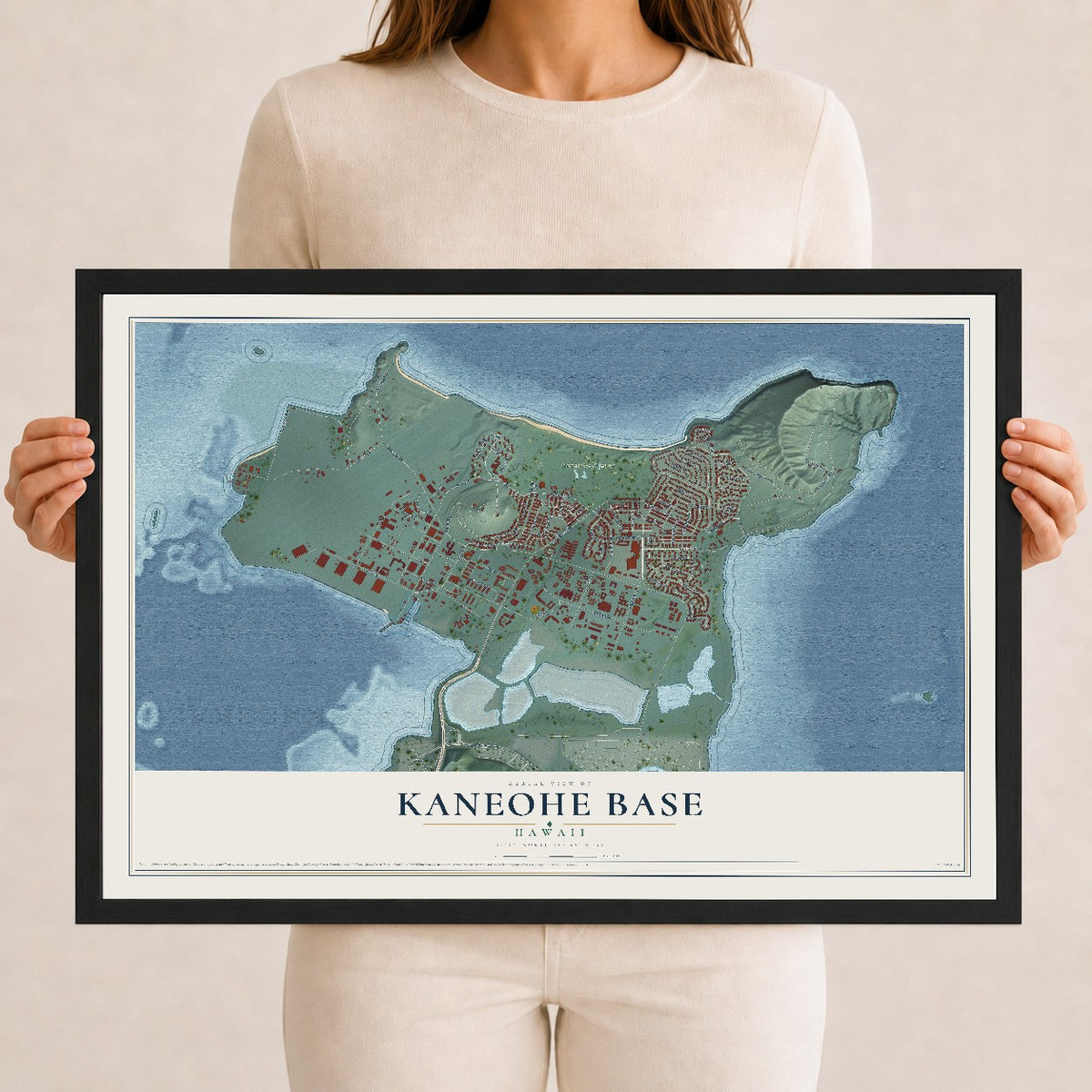 Map of Kaneohe Base, Hawaii, 12 x 18 inch print in a black wood frame