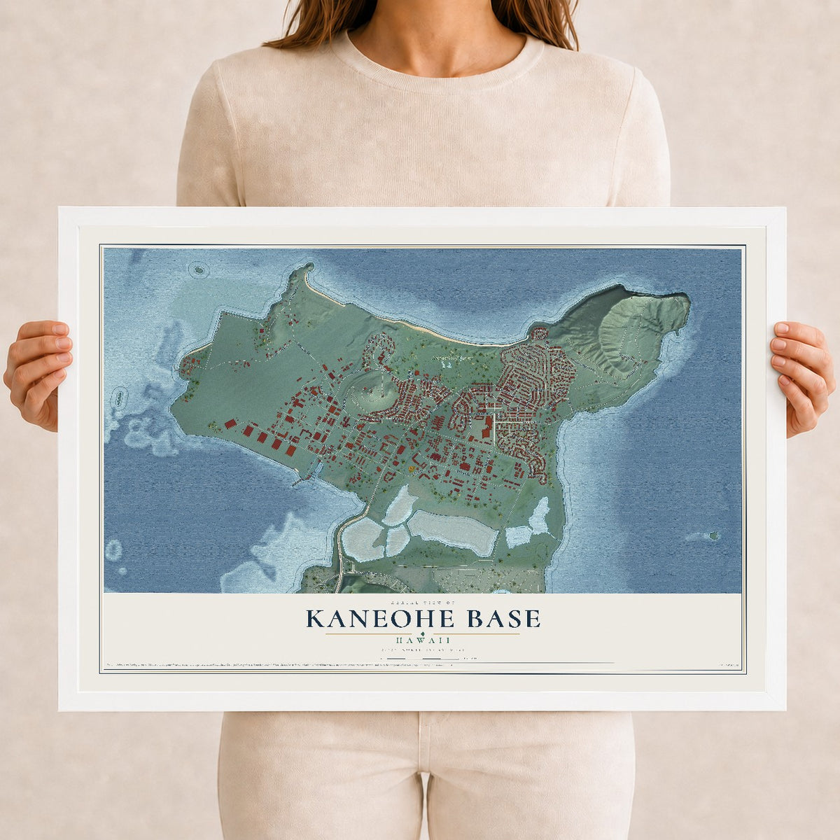 Map of Kaneohe Base, Hawaii, 12 x 18 inch print in a white wood frame