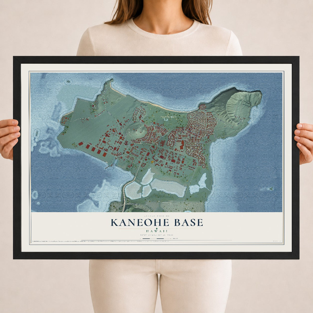 Map of Kaneohe Base, Hawaii, 18 x 24 inch print in a black wood frame