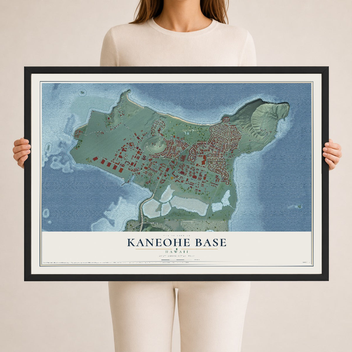 Map of Kaneohe Base, Hawaii, 24 x 36 inch print in a black wood frame