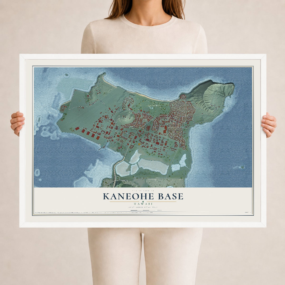 Map of Kaneohe Base, Hawaii, 24 x 36 inch print in a white wood frame