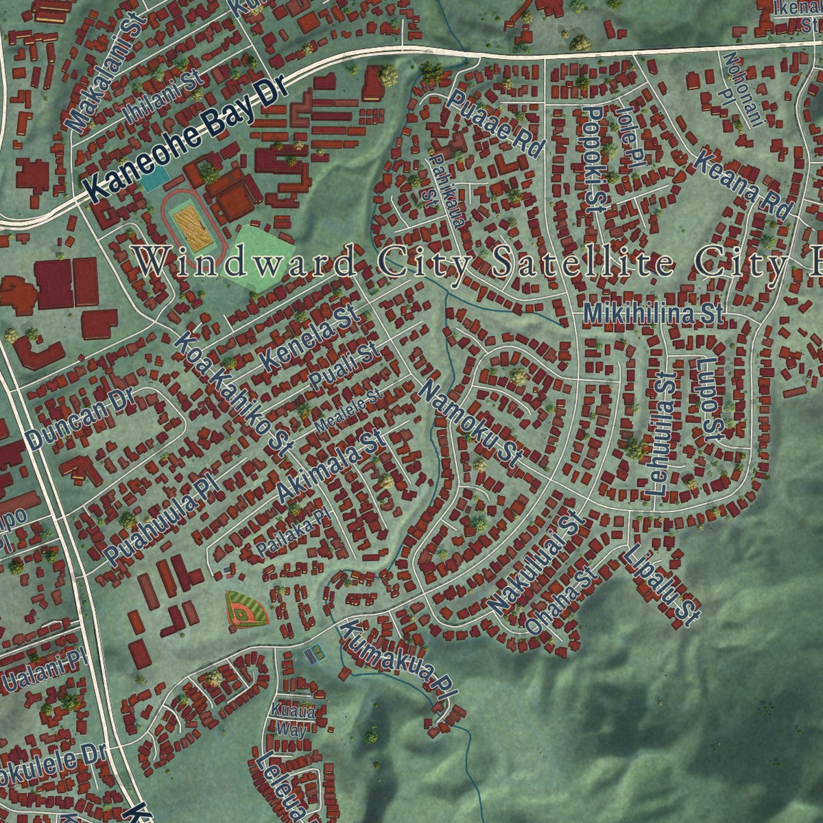 Close-up of the map of Kaneohe, Hawaii print showing street and building detail