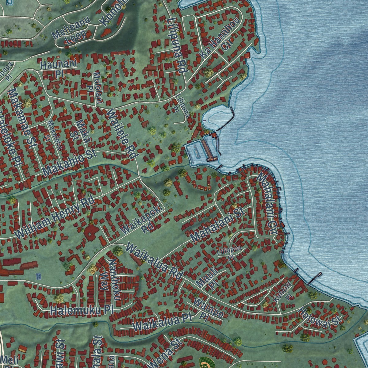 Second close-up of the map of Kaneohe, Hawaii print showing more streets and buildings