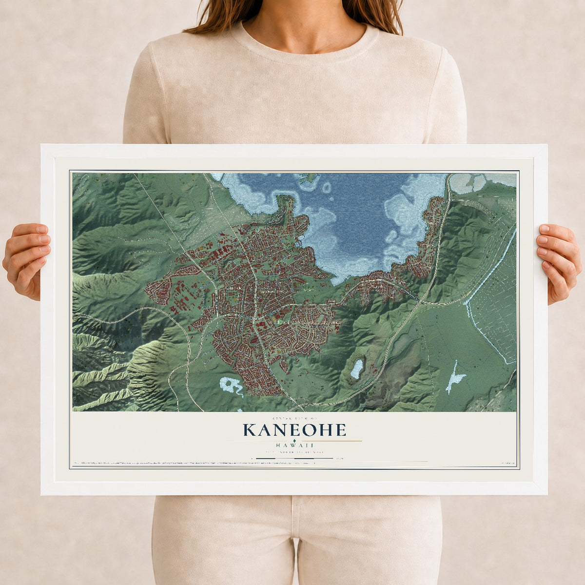 Map of Kaneohe, Hawaii, 12 x 18 inch print in a white wood frame