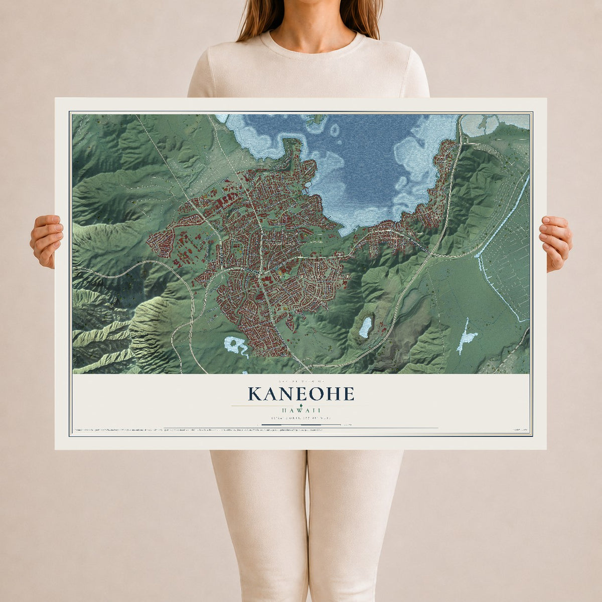Map of Kaneohe, Hawaii, 24 x 36 inch unframed archival matte print