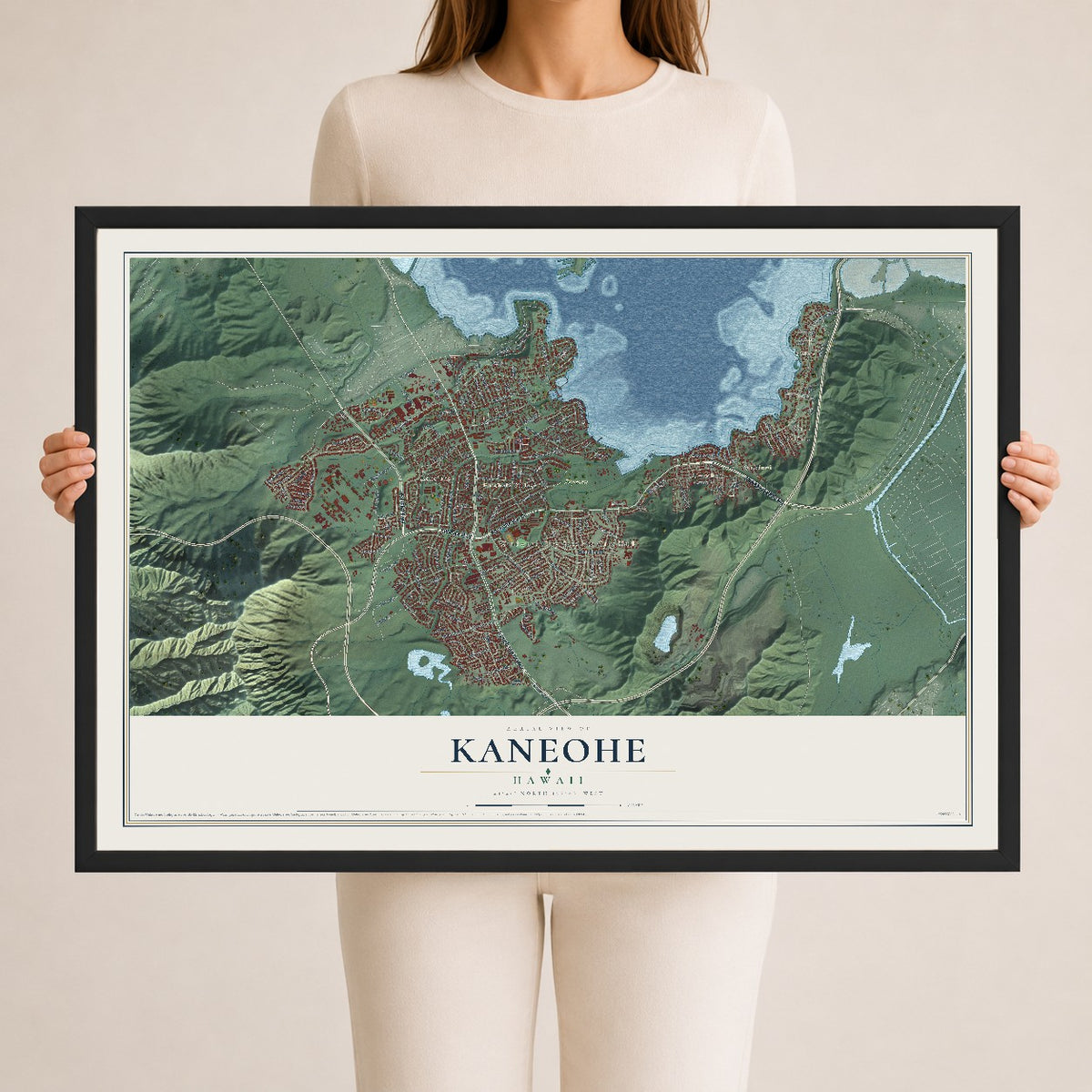 Map of Kaneohe, Hawaii, 24 x 36 inch print in a black wood frame