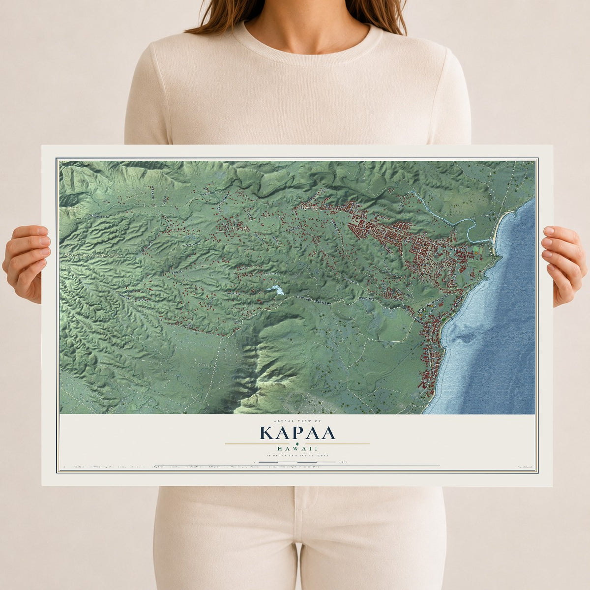 Map of Kapaa, Hawaii, 12 x 18 inch unframed archival matte print