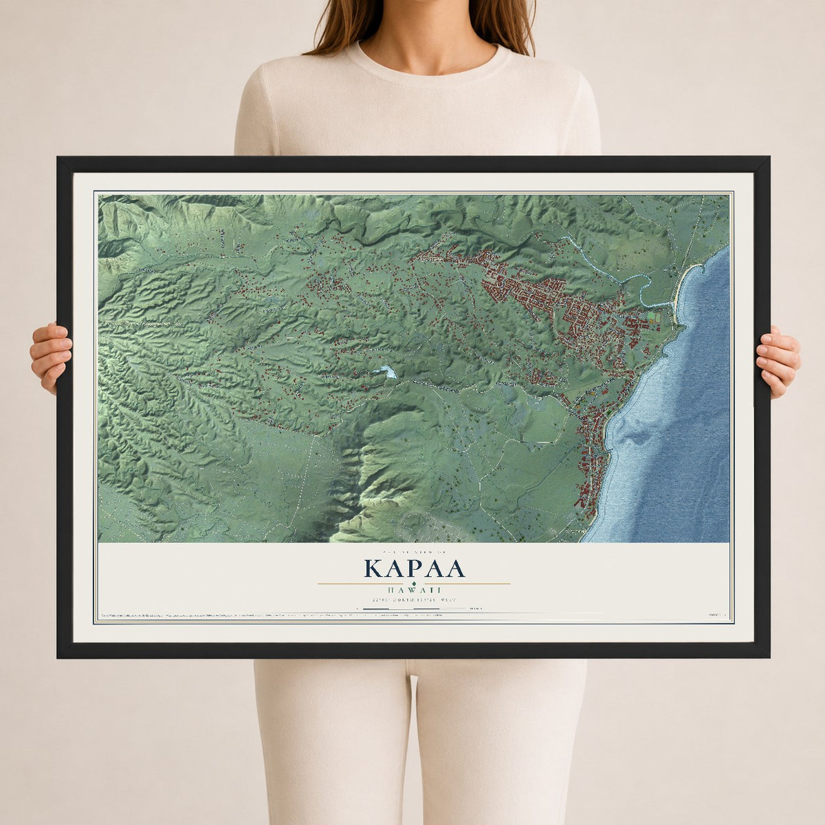 Map of Kapaa, Hawaii, 24 x 36 inch print in a black wood frame