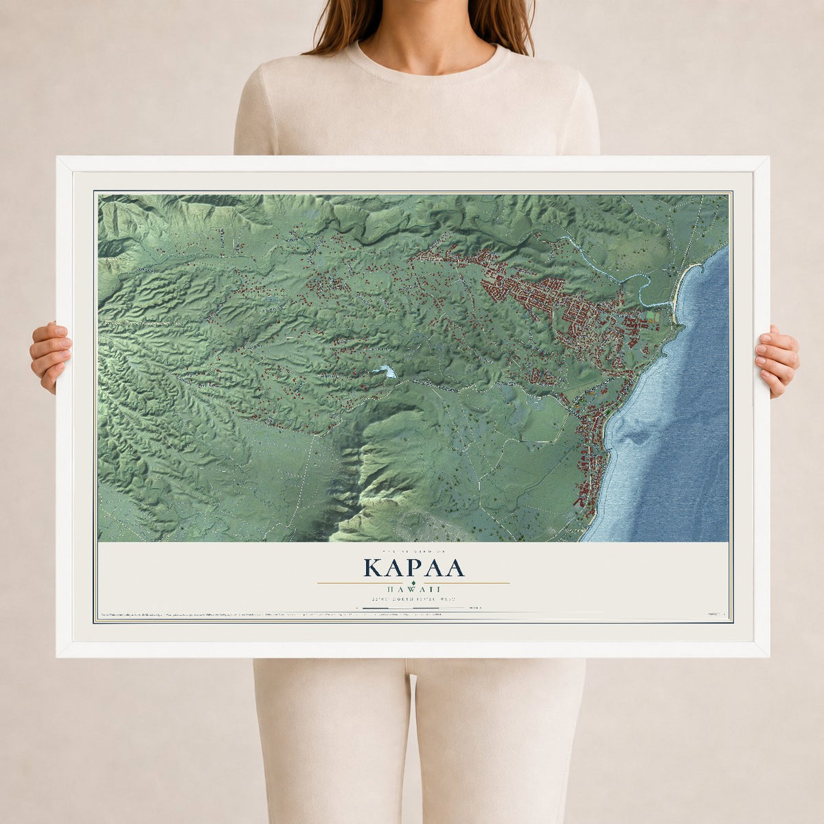 Map of Kapaa, Hawaii, 24 x 36 inch print in a white wood frame