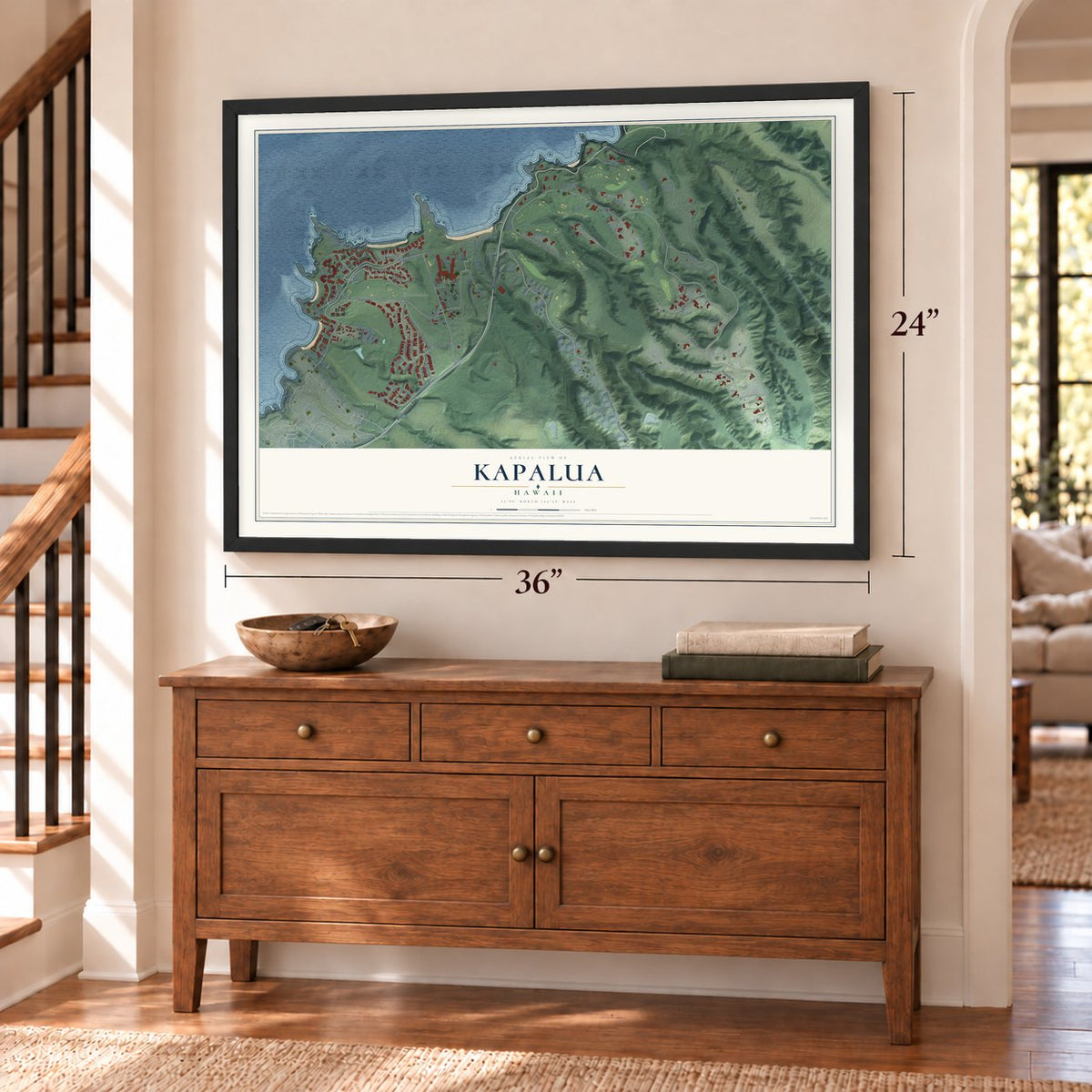 Kapalua, Hawaii map, 24 x 36 inch print in a black frame above a dresser by a staircase