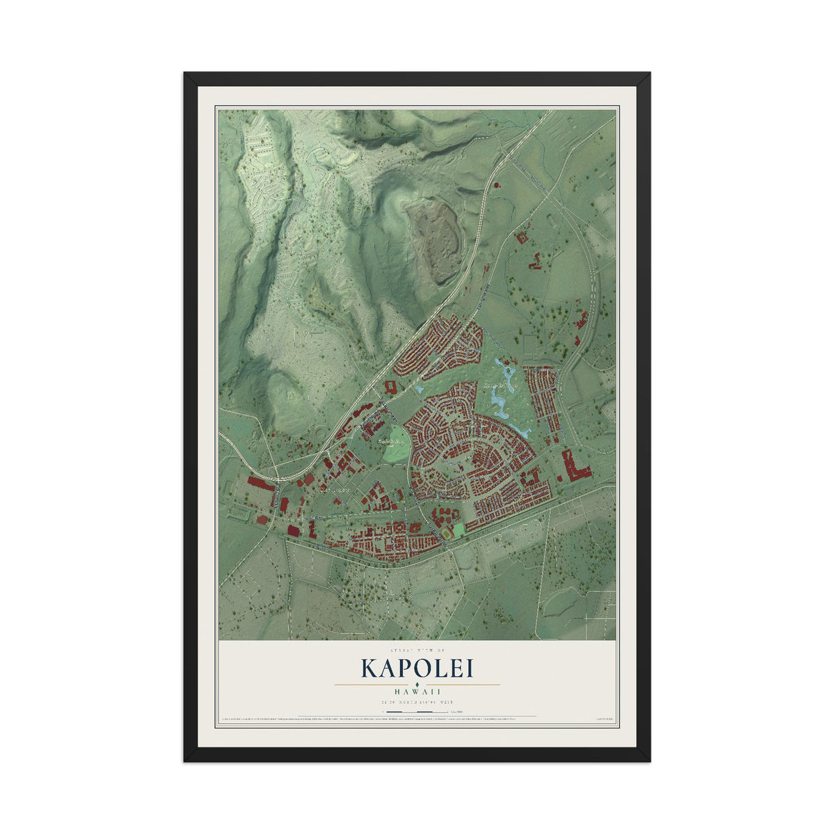 Map of Kapolei, Hawaii, 12 x 18 inch print in a black wood frame