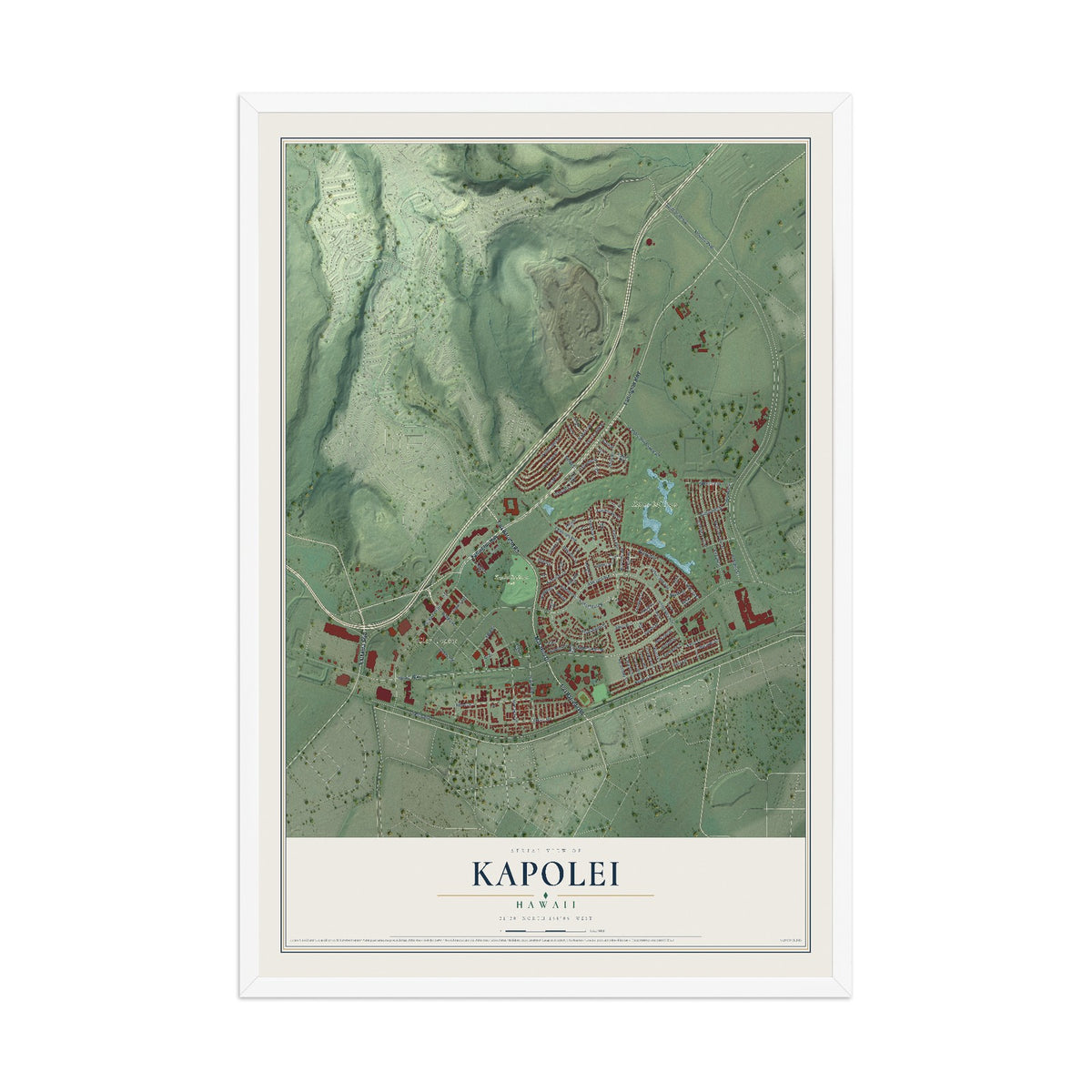 Map of Kapolei, Hawaii, 12 x 18 inch print in a white wood frame