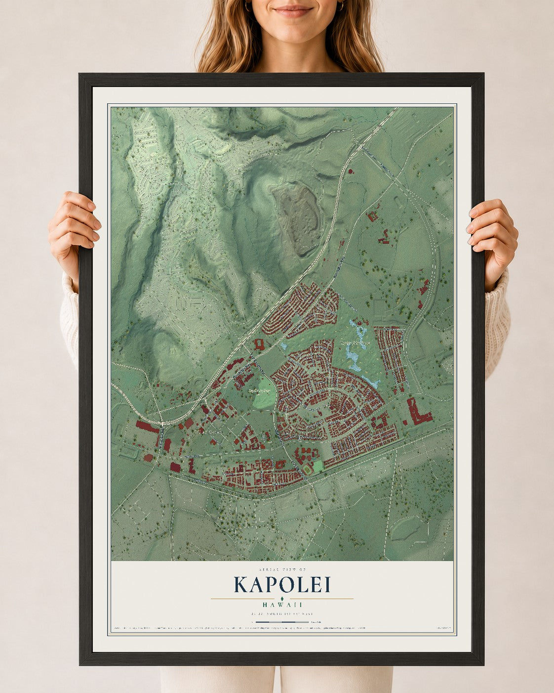 Map of Kapolei, Hawaii, 24 x 36 inch print in a black wood frame