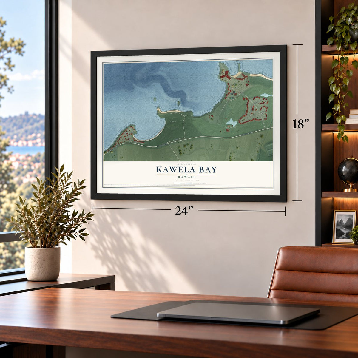 Kawela Bay, Hawaii map, 18 x 24 inch print in a black frame in a home office