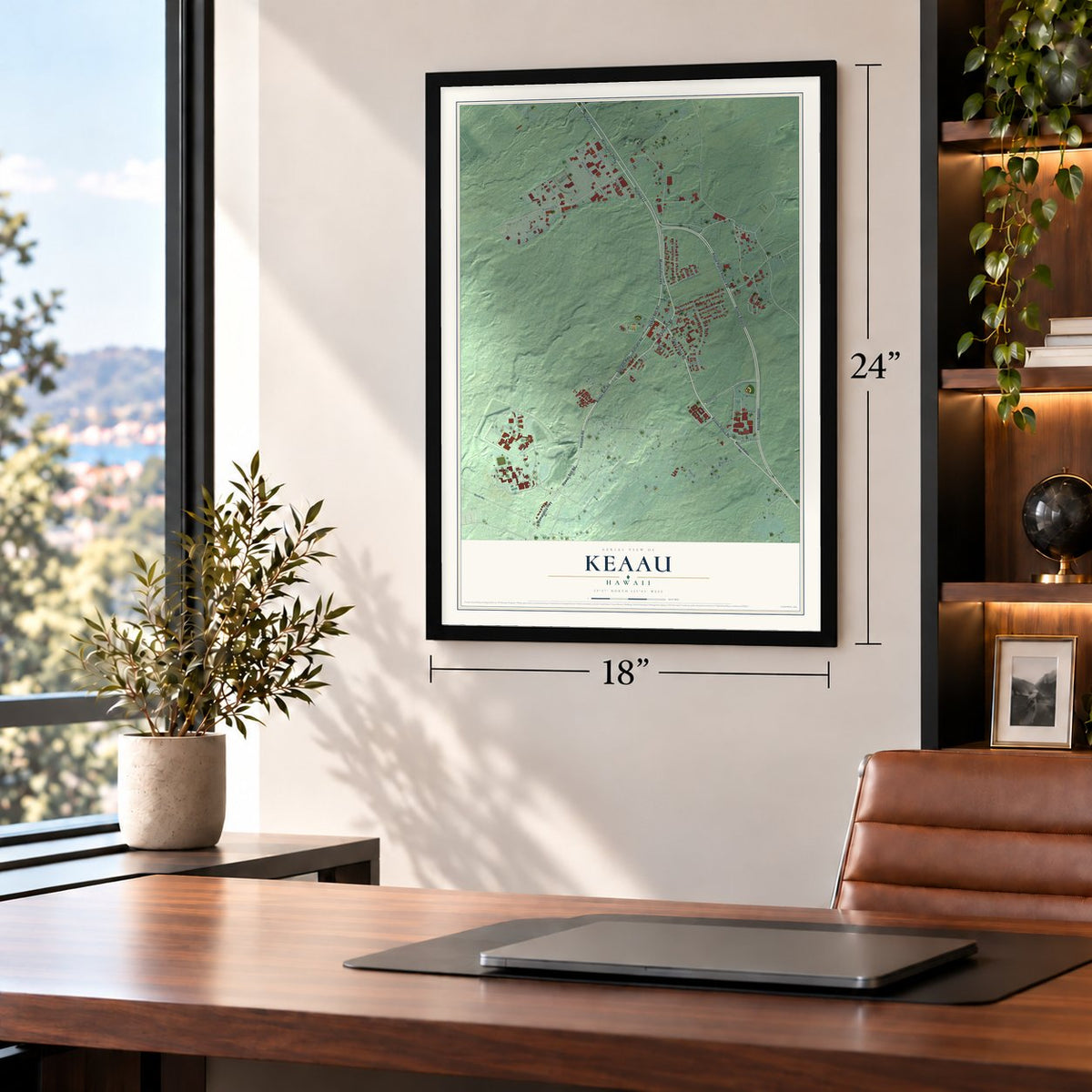 Keaau, Hawaii map, 18 x 24 inch print in a black frame in a home office
