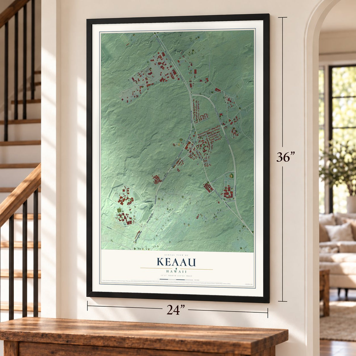 Keaau, Hawaii map, 24 x 36 inch print in a black frame by a staircase