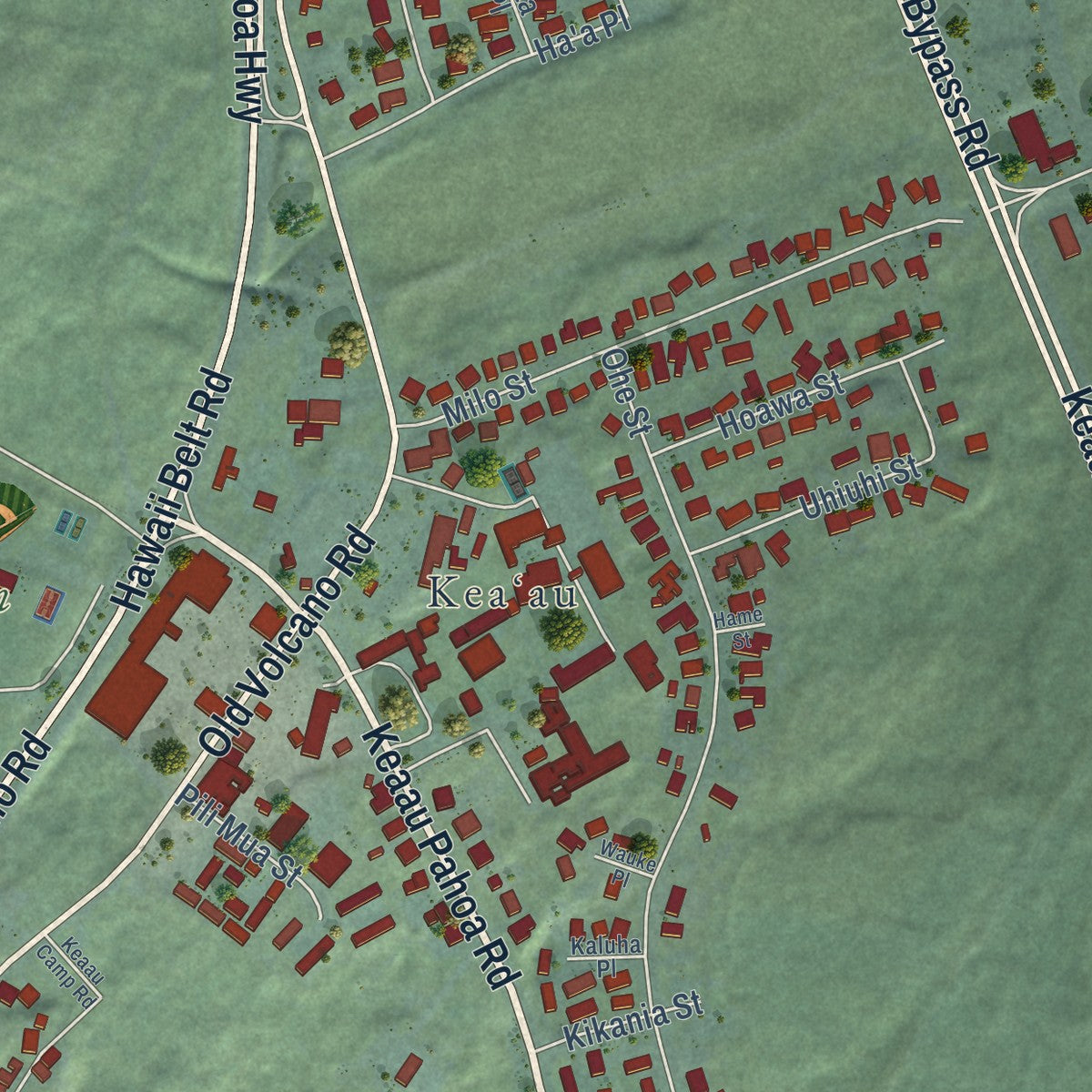 Close-up of the map of Keaau, Hawaii print showing street and building detail