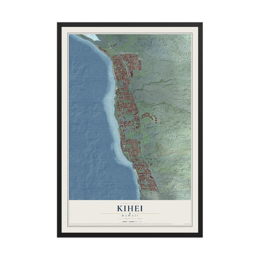 Map of Kihei, Hawaii, 12 x 18 inch print in a black wood frame