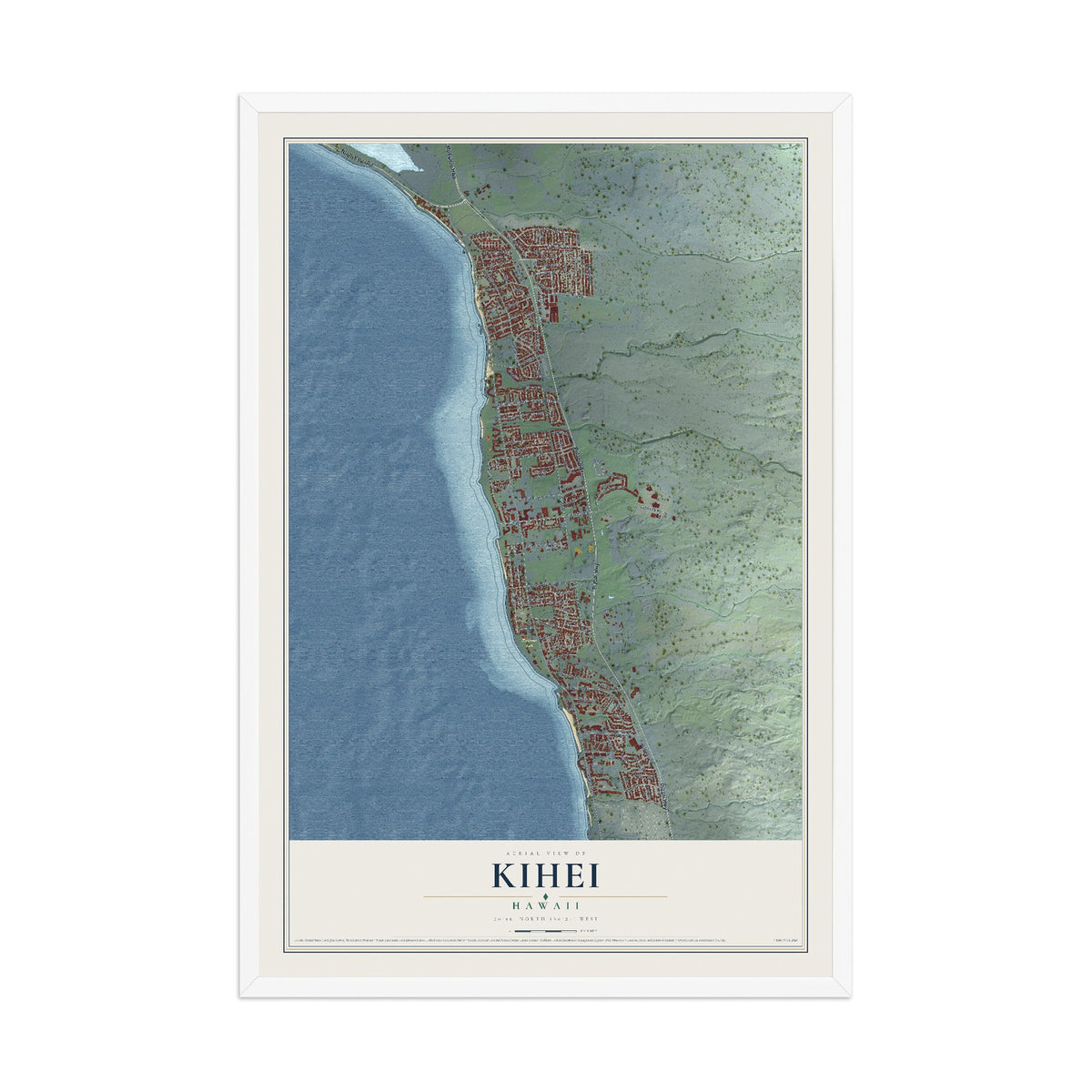 Map of Kihei, Hawaii, 12 x 18 inch print in a white wood frame