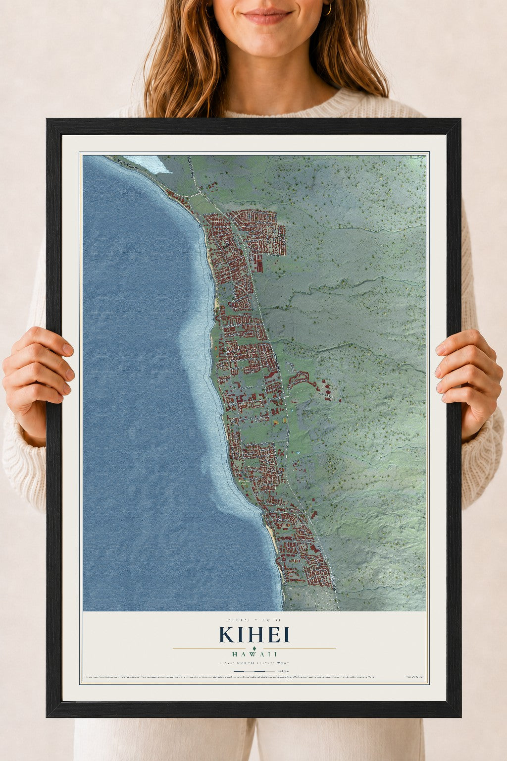 Map of Kihei, Hawaii, 18 x 24 inch print in a black wood frame