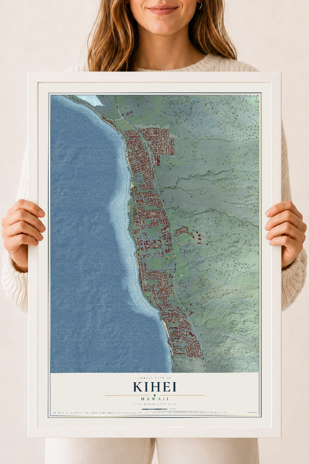 Map of Kihei, Hawaii, 18 x 24 inch print in a white wood frame