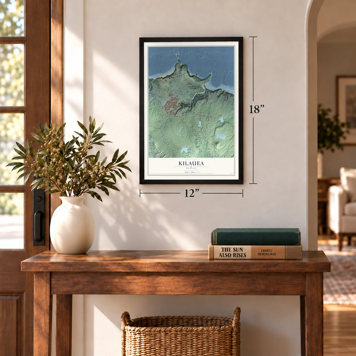 Kilauea, Hawaii map, 12 x 18 inch print in a black frame in an entryway