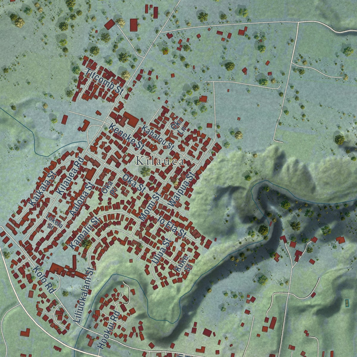 Close-up of the map of Kilauea, Hawaii print showing street and building detail