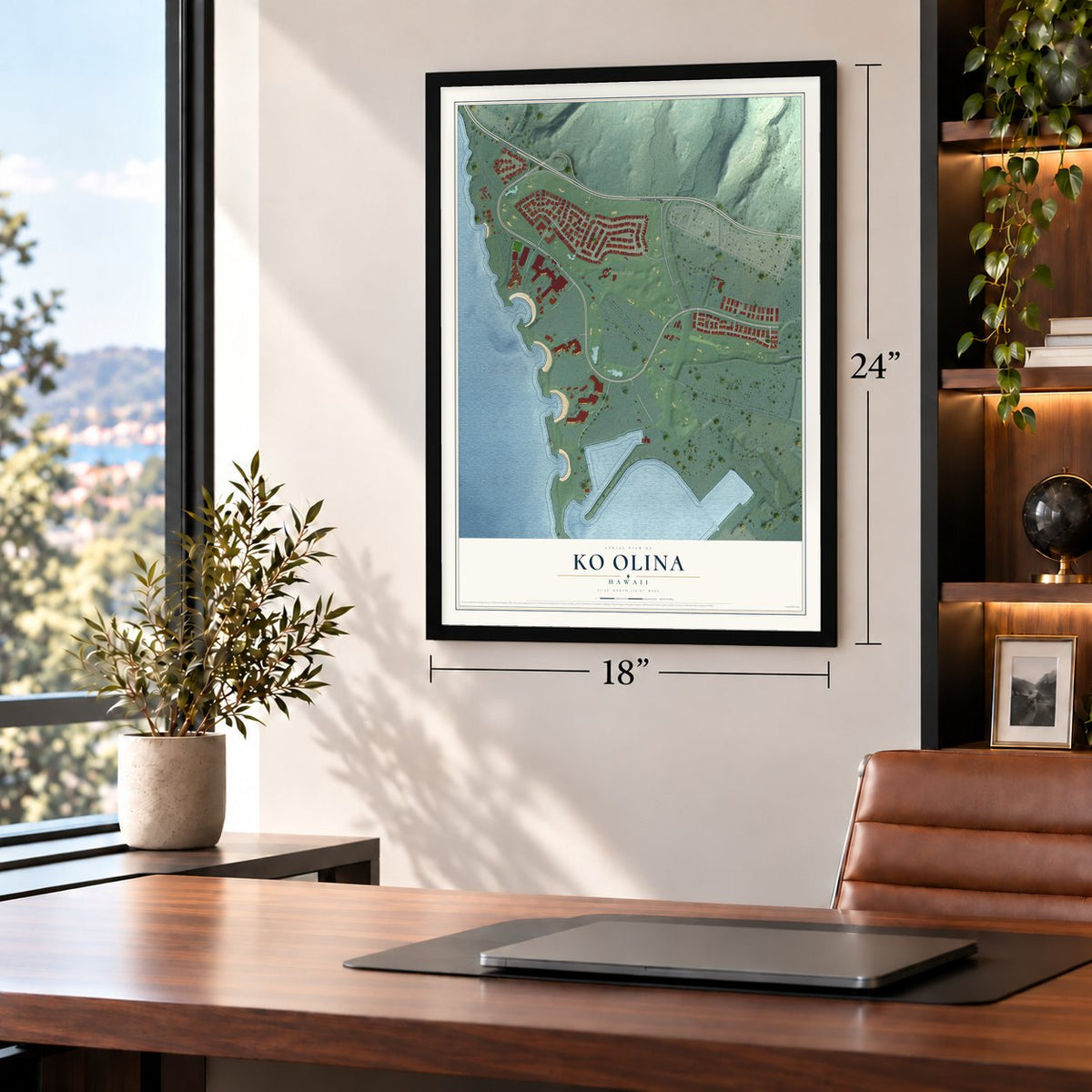 Ko Olina, Hawaii map, 18 x 24 inch print in a black frame in a home office