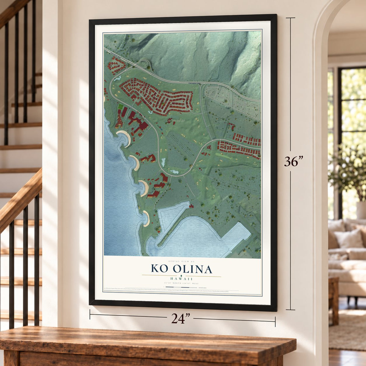Ko Olina, Hawaii map, 24 x 36 inch print in a black frame by a staircase