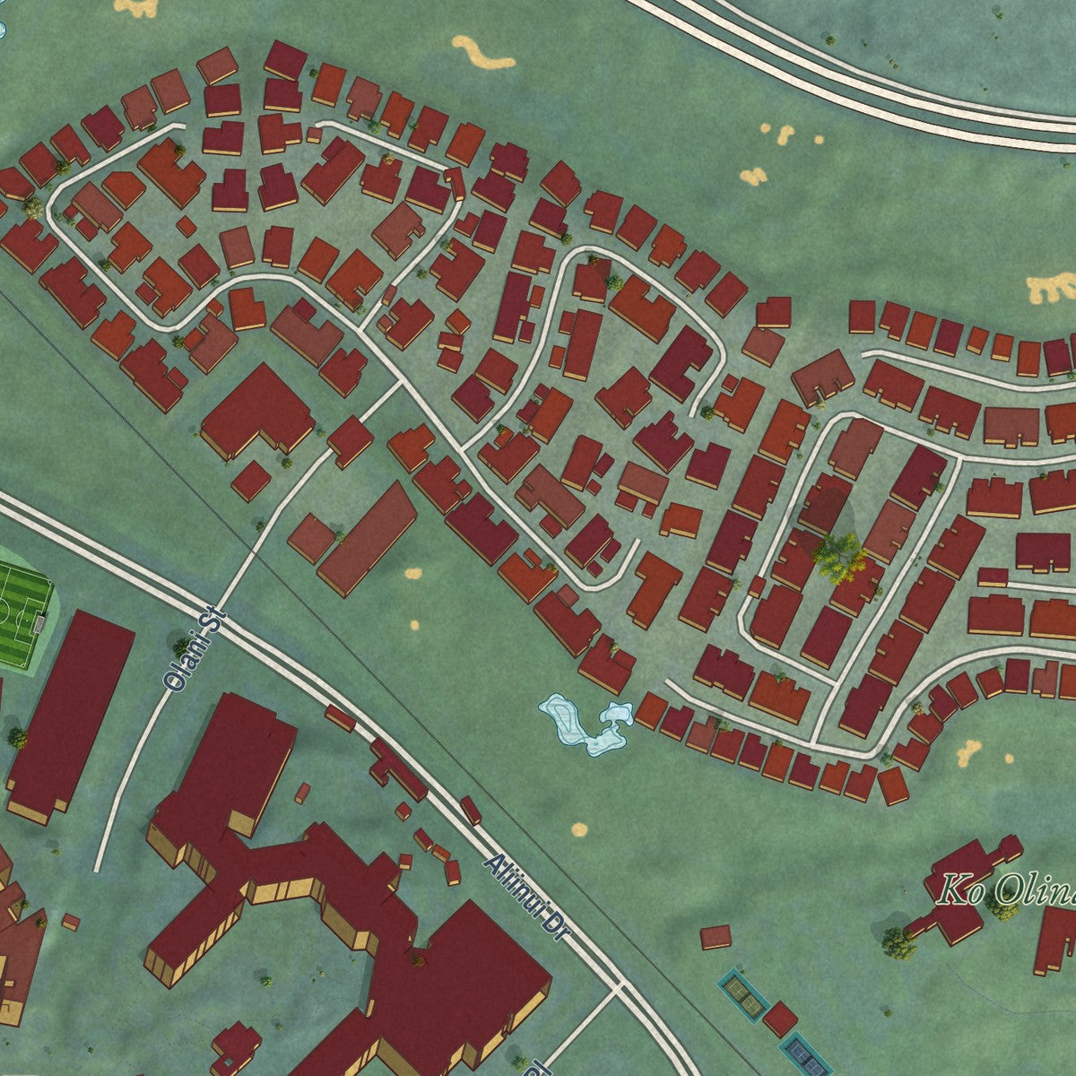 Close-up of the map of Ko Olina, Hawaii print showing street and building detail