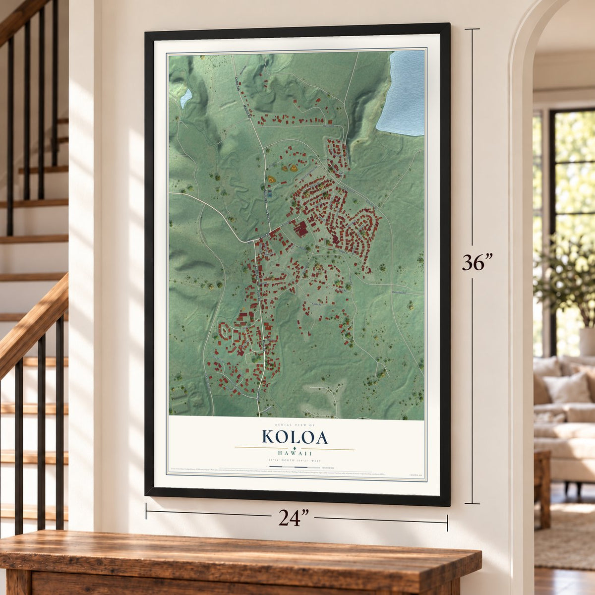 Koloa, Hawaii map, 24 x 36 inch print in a black frame by a staircase