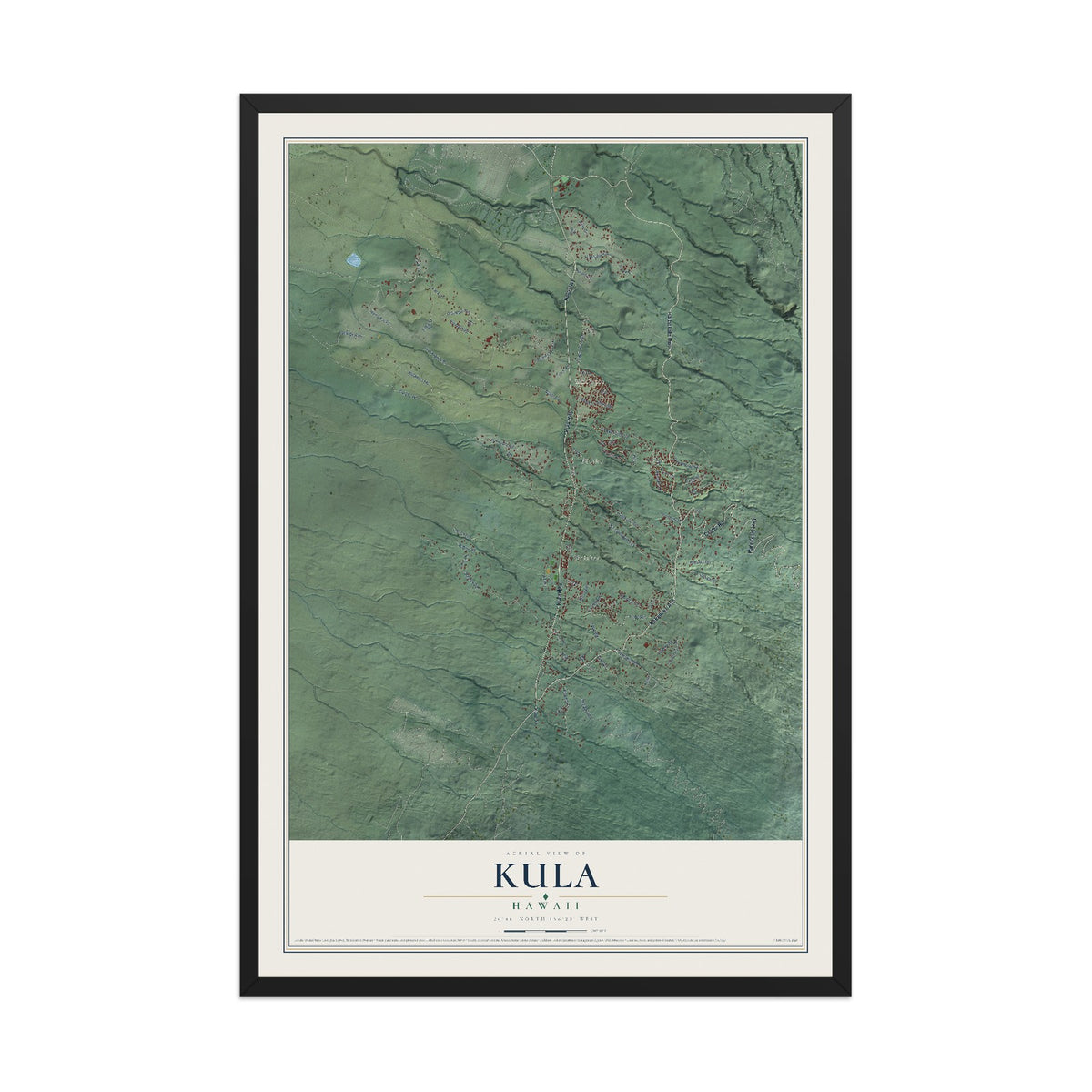 Map of Kula, Hawaii, 12 x 18 inch print in a black wood frame