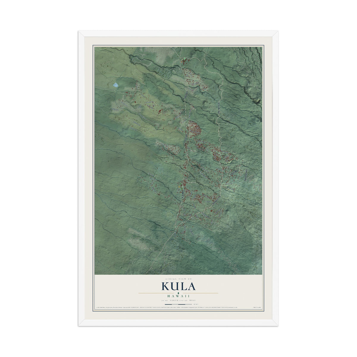 Map of Kula, Hawaii, 12 x 18 inch print in a white wood frame