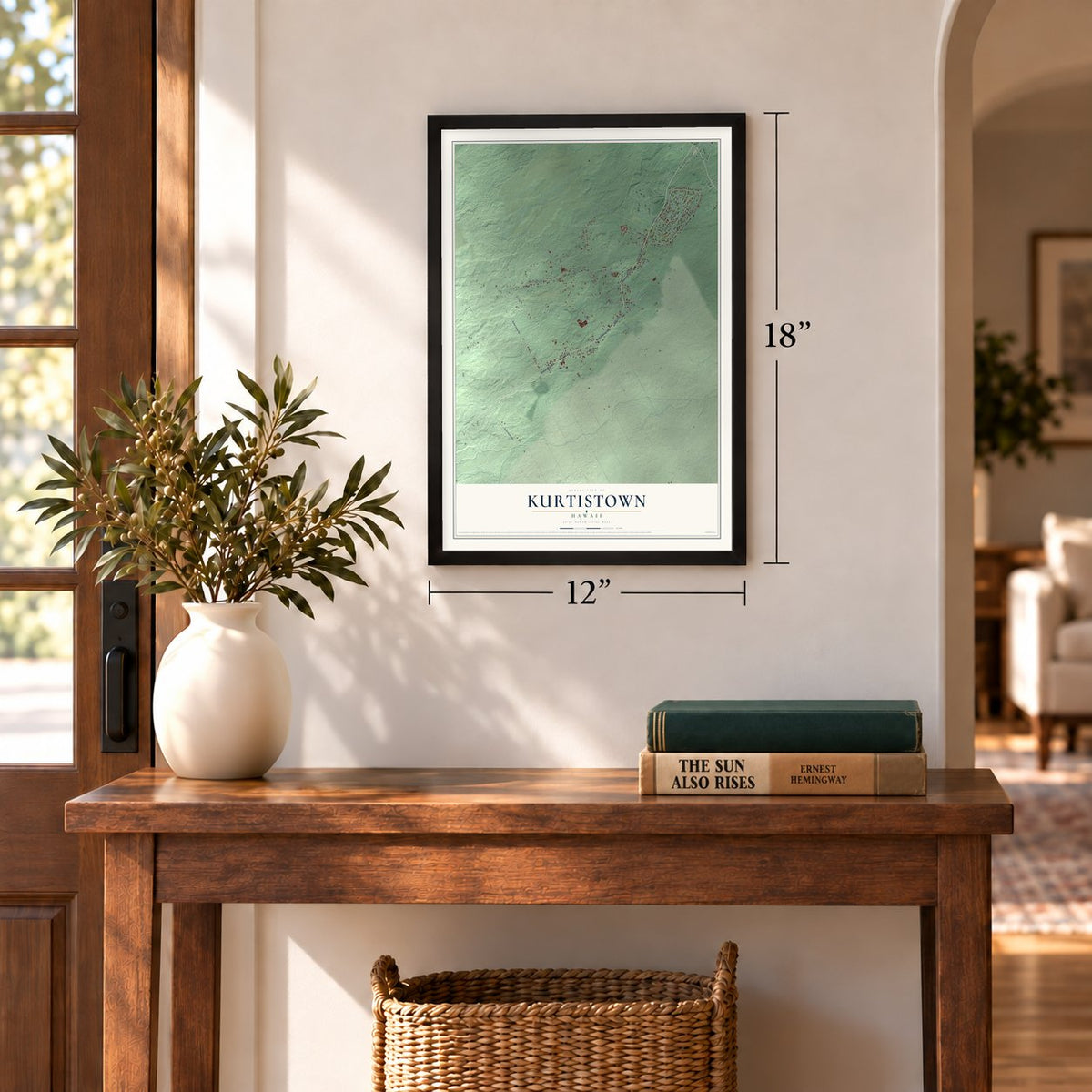 Kurtistown, Hawaii map, 12 x 18 inch print in a black frame in an entryway