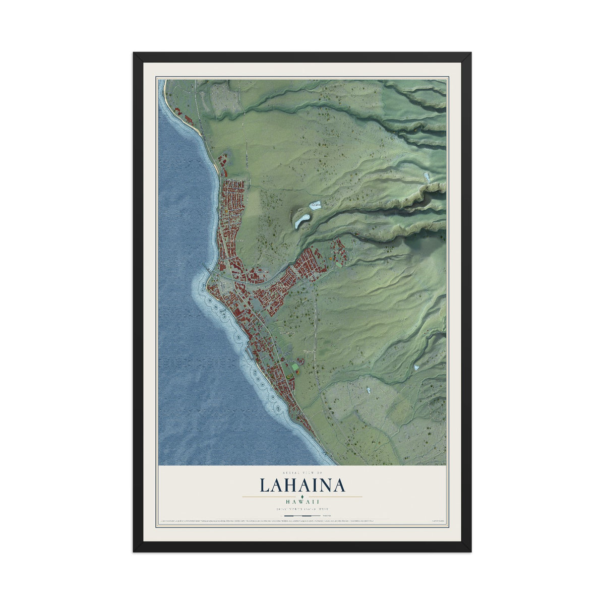 Map of Lahaina, Hawaii, 12 x 18 inch print in a black wood frame