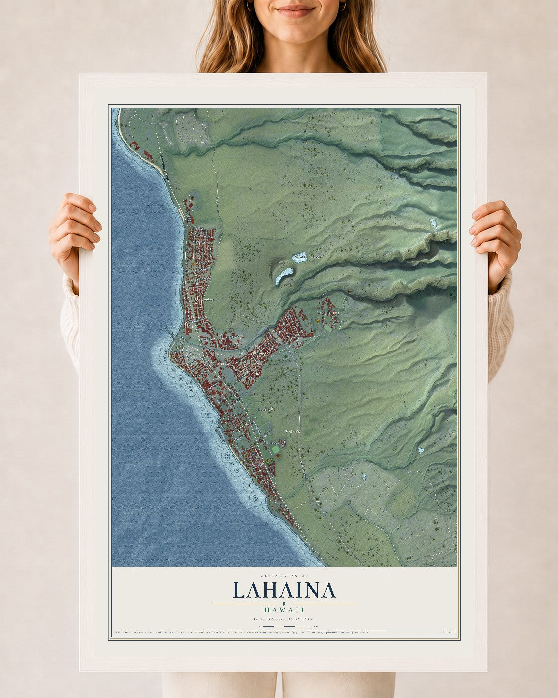 Map of Lahaina, Hawaii, 24 x 36 inch print in a white wood frame