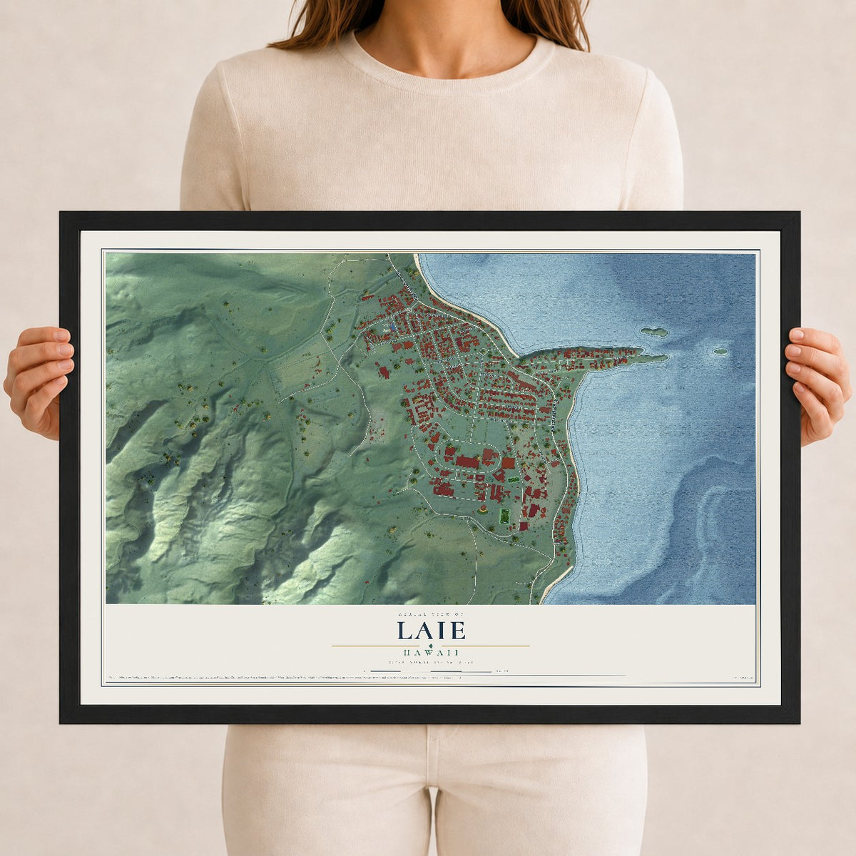 Map of Laie, Hawaii, 12 x 18 inch print in a black wood frame