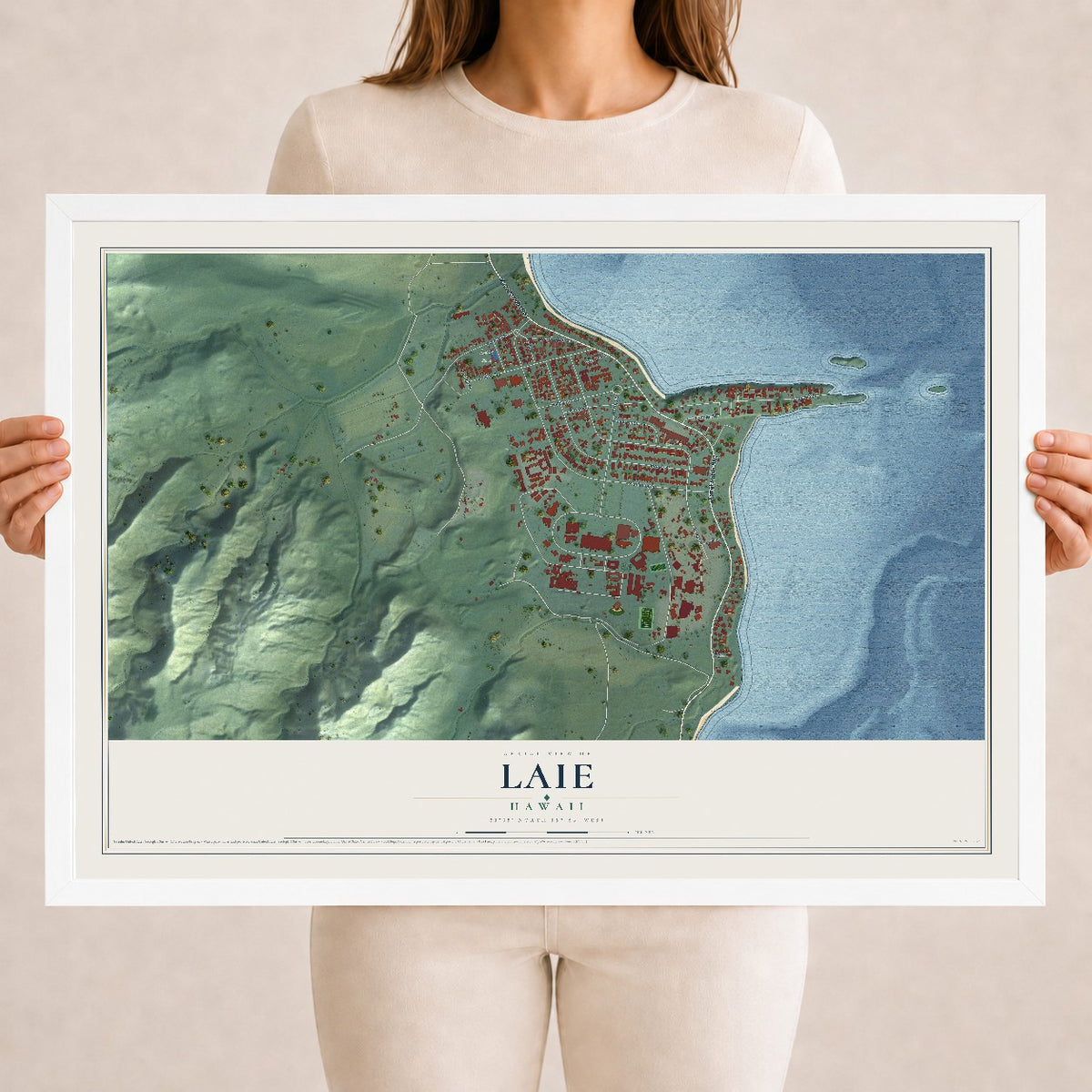 Map of Laie, Hawaii, 18 x 24 inch print in a white wood frame