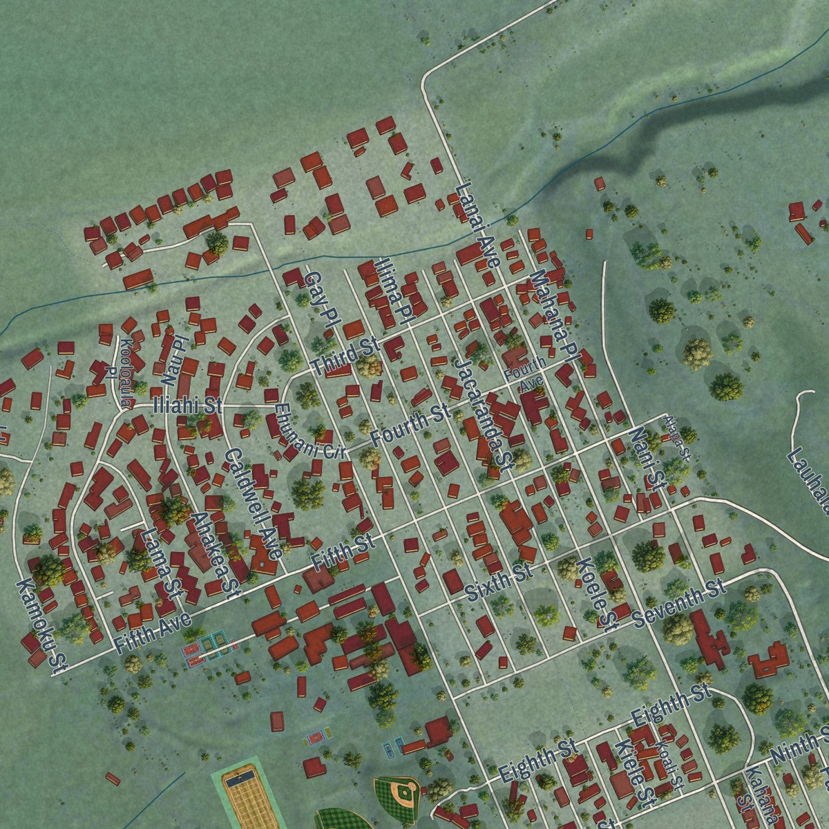 Close-up of the map of Lanai City, Hawaii print showing street and building detail